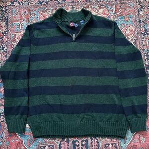 Chaps Men's Green and Navy Quarter Zip-Up Sweater XL 100% Cotton